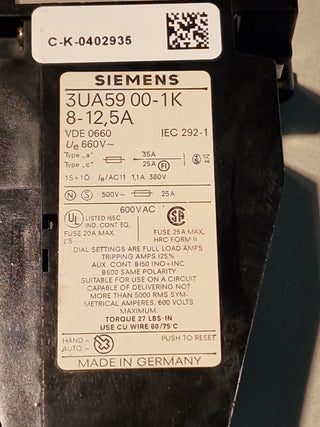 1x Siemens 3UA59 00-1K Überlastrelais Motorschutz 8-12,5A Schalter #12 gebraucht1