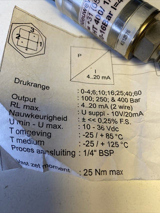 NieuweWeme HT 400 Drucktransmitter | 0-16 bar | 1/4" BSP | NEU5