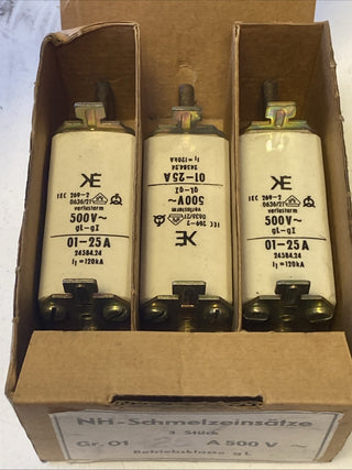 3x VEB NH1 Sicherung 25A 500V NH-Sicherungseinsatz gL TGL DDR Nostalgie OVP