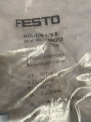 Festo HGL-1/8-1/8-B Rückschlagventil 543253 Pneumatikventil Druckluftventil0