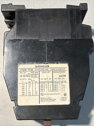 Siemens 3TB4017-0A Schütz 9A 600V VDE 0660 3-polig geb1