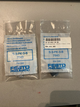 2x Festo S-3-PK-3-B (Teilenummer: 7843) Micro-Stößelventil – Pneumatik 3/2-Wege
