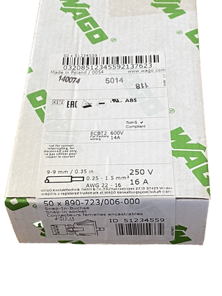 WAGO 890-723 Snap-In-Buchse, 3-polig, Kod. A, weiß – 50 Stück (Neu)1