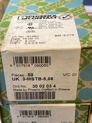 50x Phönix Durchgangsklemme UK 3-MSTB-5,08 1polig 0,2qmm-4qmm grau 30020344