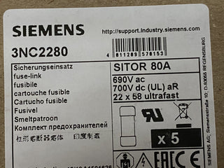 5x Siemens SITOR 3NC2280 Zylindersicherung 80A 690V AC / 700V DC – Neu & OVP0