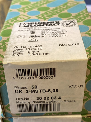 50x Phönix Durchgangsklemme UK 3-MSTB-5,08 1polig 0,2qmm-4qmm grau 30020341