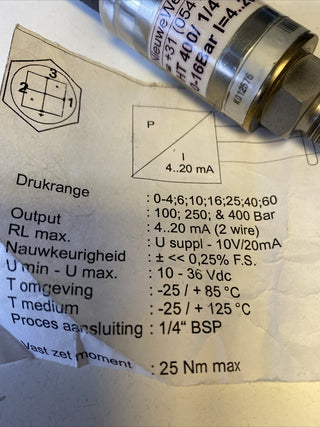 NieuweWeme HT 400 Drucktransmitter | 0-16 bar | 1/4" BSP | NEU4