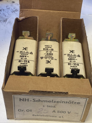 3x VEB NH1 Sicherung 25A 500V NH-Sicherungseinsatz gL TGL DDR Nostalgie OVP