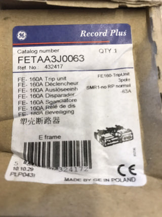 GE Record Plus FE160 Auslöseeinheit FETAA3J0063 - 63A 3P - NEU & OVP0