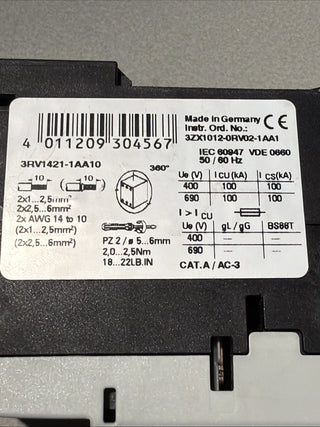 Siemens SIRIUS Leistungsschalter 3RV1421-1AA10 | Trafoschutz 1,1 - 1,6A | S02