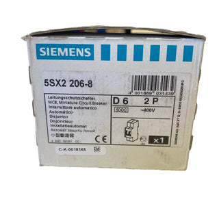 Siemens 5SX2206-8 Leitungsschutzschalter – Typ D 6A – 2-polig – NEU1