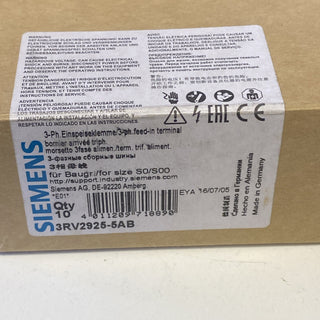 8x SIEMENS 3RV2925-5AB SIRIUS 3-Phasen-Einspeiseklemme Baugröße S00 / S0 Schraub0