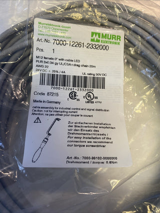 Murrelektronik M12 Buchse gerade mit LED und Kabel PUR-OB 3x0,34 grau UL,CSA+Sch2