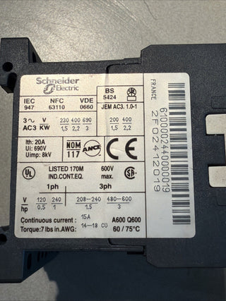 TELEMECANIQUE Contactor, LP1K0610BD, P/N:036322,2