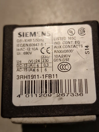 Siemens 3RH1911-1FB11 Hilfsschalterblock Hilfsschütz S00 1NO+1NC 10A 240V Gebr.3