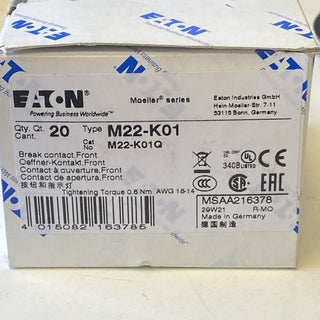 20X Eaton M22-K01 1R Kontaktelement an der Frontplatte montiert 2163781