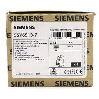 6x Siemens SENTRON 5SY6513-7 Leitungsschutzschalter C13 1+N 6kA – NEU & OVP1