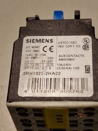 Siemens 3RH1921-2HA22 Hilfsschalterblock Federzug S0-S12 2NO+2NC 10A Gebraucht3