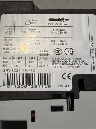 Siemens Leistungsschalter / Circuit Breaker 3RV1021-1FA102