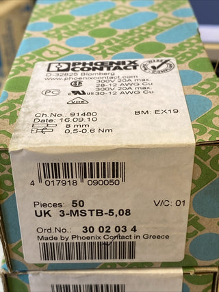 50x Phönix Durchgangsklemme UK 3-MSTB-5,08 1polig 0,2qmm-4qmm grau 30020343