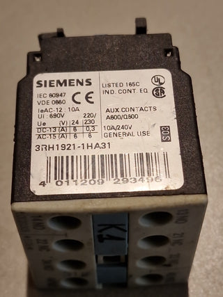 Siemens 3RH1921-1HA31 Hilfsschalterblock Hilfsschütz S0-S12 3NO+1NC Gebraucht3