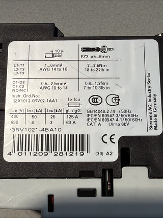 1x Siemens 3RV1021-4BA10 Motorschutzschalter Leistungsschalter S0 20A gebraucht2
