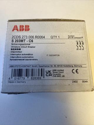 ABB S203MT-C6 Sicherungsautomat – 3-polig, 6A, 10kA (NEU & OVP)1