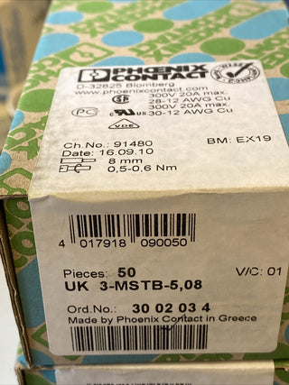 50x Phönix Durchgangsklemme UK 3-MSTB-5,08 1polig 0,2qmm-4qmm grau 30020342
