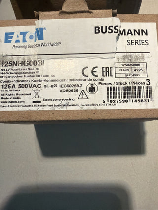 3stück ,Eaton Bussmann NH-Sicherungseinsatz 125A 500V gL/gG Gr. NH00 125NHG00BI0