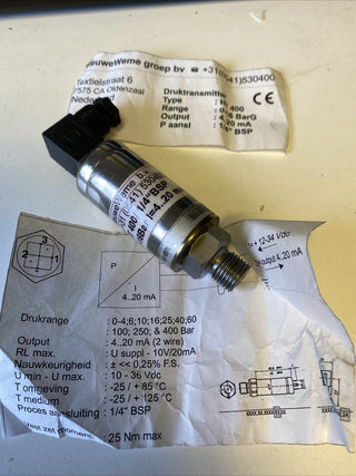 NieuweWeme HT 400 Drucktransmitter | 0-16 bar | 1/4" BSP | NEU2