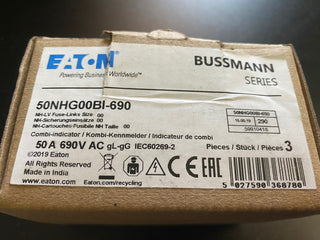 3x EATON Bussmann 50NHG00BI-690 NH-Sicherung 50A gG/gL 690V NH00 NEU & OVP0