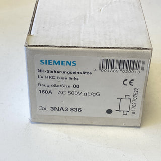 Siemens 3NA3836 NH-Sicherungseinsatz NH00 In: 160 A gG Un AC: 500 V 3Stk _0,6_50