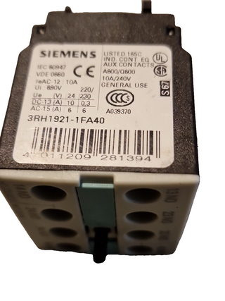 Siemens 3RH1921-1FA40 Auxiliary Switch Block Hilfsschalterblock0
